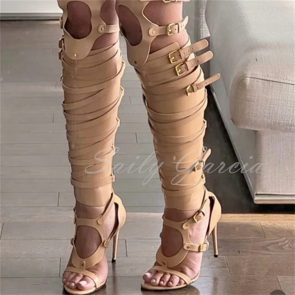 Fashion Show Stiletto High Heels Strap Open Toed Women Round Toe Back Zipper Buckle Strap Hollow Out Over The Knee Boot