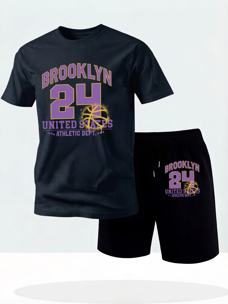 

Brooklyn Purple Letter 24 Usa Athletic Dept Print All-Match Cotton Tops For Man'S Sets Beach O-Neck T-Shirt Summer Sports Pants