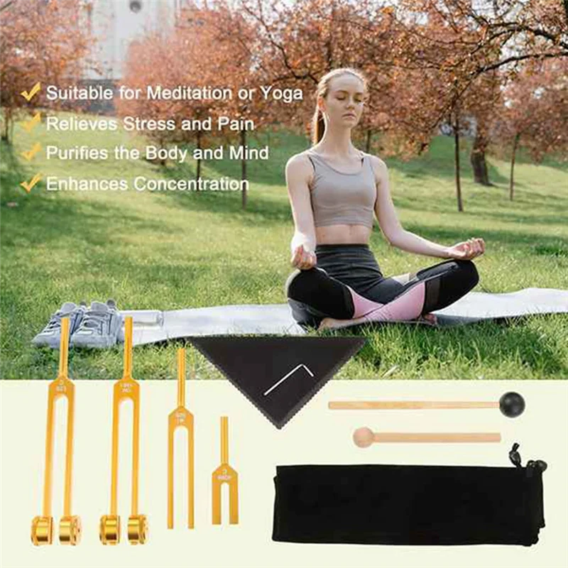 4 Piece Tuning Fork Set (4096C, MI528, 128C, OM136.1) for Solfeggio, for Chakras, Sound Healing, Stress Relief, Gold