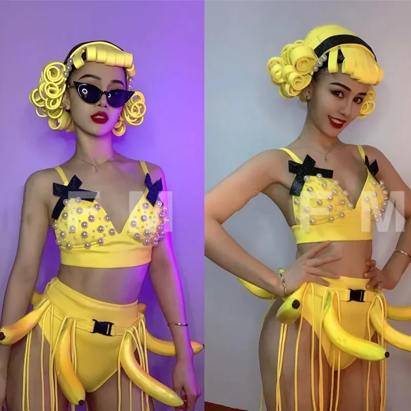 

Bar Club Party Gogo Dance Performance Clothes Banana Pearl Bikini Wig Rave Outfits Nightclub DJ Dancer Groups Sexy Stage Costume