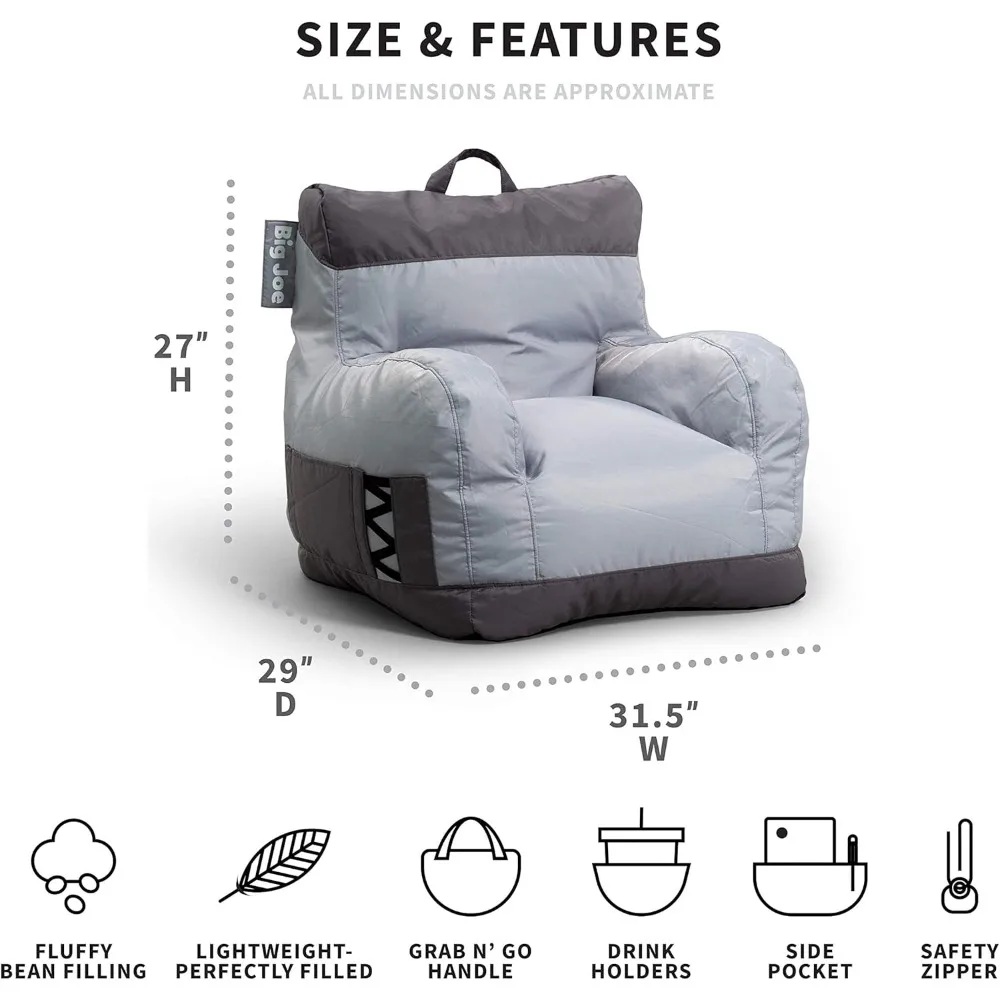 Dorm Bean Bag Chair with Drink Holder and Pocket, Two Tone Gray Smartmax, Durable Polyester Nylon Blend, 3 feet