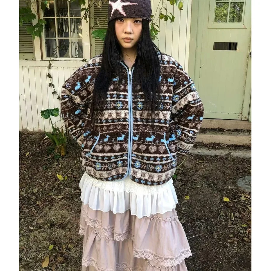 Ladies' Chic Winter Outerwear Loose Fit Collar Faux eepskin Woolen Long Sve Cotton Jaet Retro Fair Isle Pattern