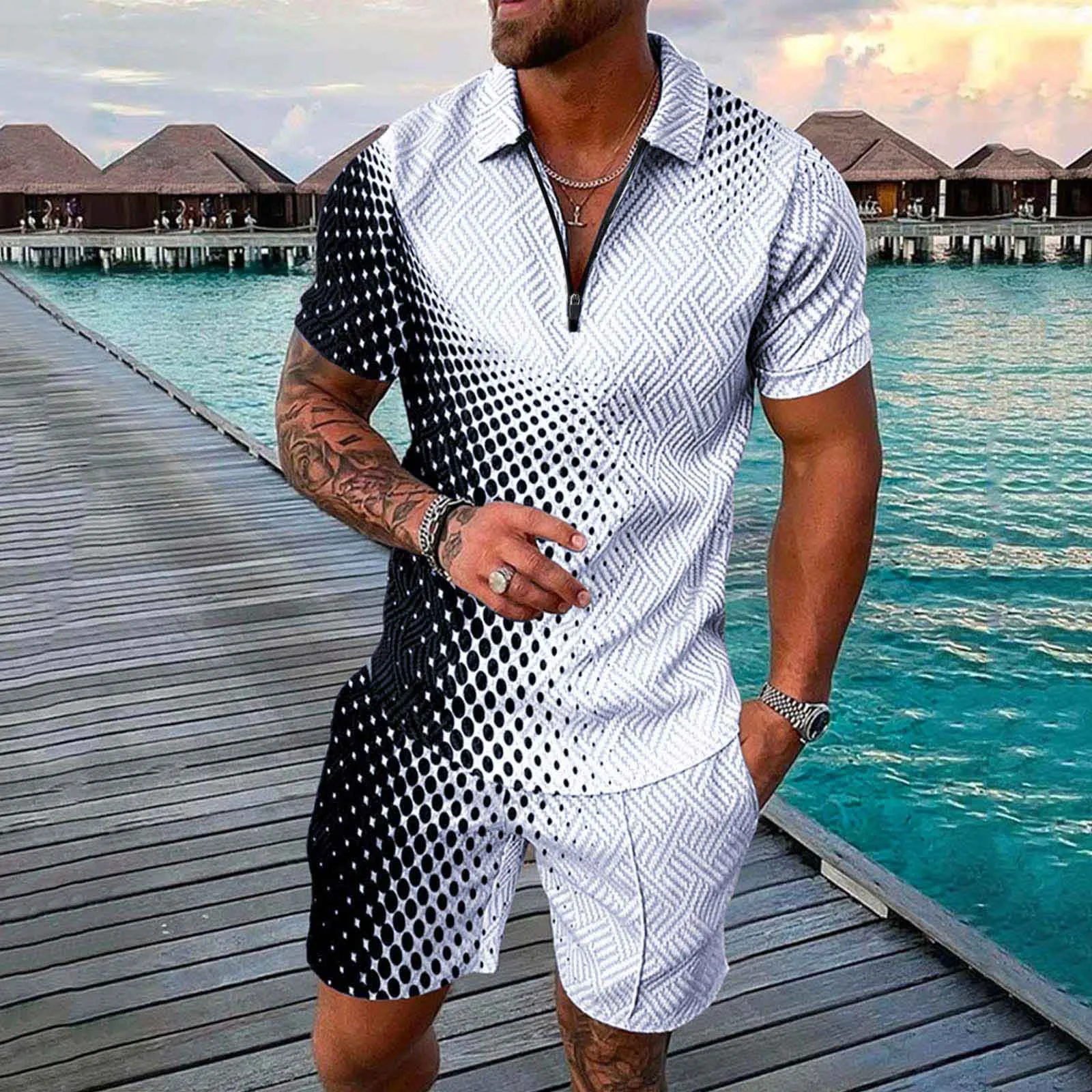 

New Men's Fashionable Casual Two-Piece Men's Lightweight Breathable Printing Zip Lapel Short-Sleeved Shirt Top Shorts Set