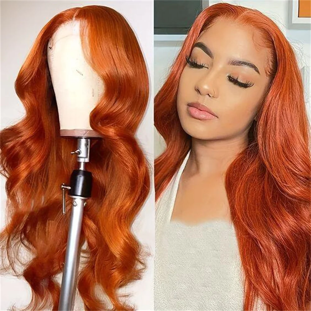 Zachte Lange Gember Oranje 180 Dichtheid 26 Inch Body Wave Kant Voor Zwarte Vrouwen Baby Haar Hittebestendige Lijmloze Dagelijkse Pruik