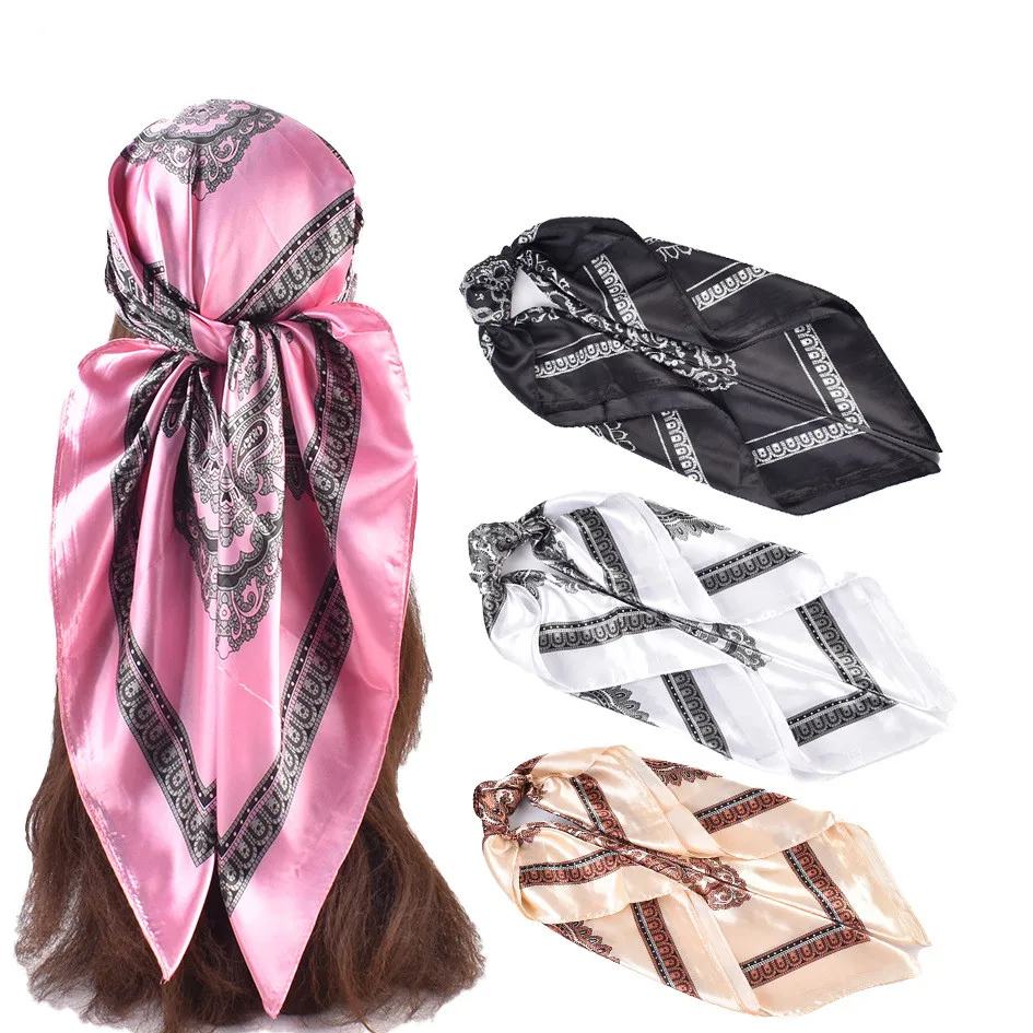 

90cm Luxury Square Silk Scarves Women Hijab Satin Print Kerchief Femme Head Scarf Foulard Bandana Beach Pareo Shawl Wrap Hijab