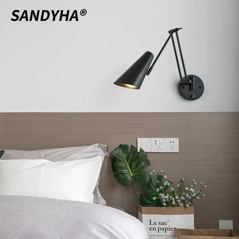 

SANDYHA Modern Minimalist Wall Light Bedroom Bedside Lamp Reading Parlor Study Folding Telescopic Long Arm Decorative Lighting