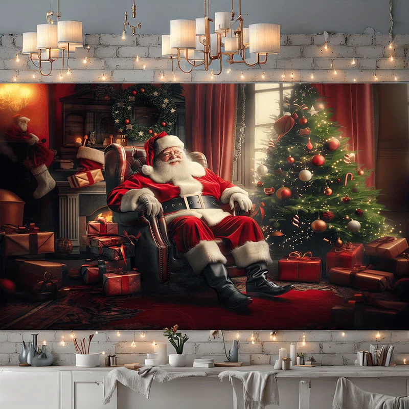 VIKAMA Tapestry Wall Hanging Santa Claus Armchair Fireplace Pine Tree Gifts Soft Washable Living Room Christmas Holiday Decor
