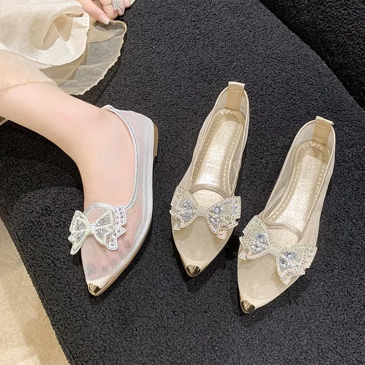 Breathable Shallow Mouth Pointed Flat Gold Stylish Comfortable Summer Women's Shoes Rhinestone Bow Embellished Single Shoes