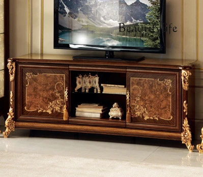 

Large apartment European solid wood carving flower TV cabinet neoclassical living room floor cabinet storage designer