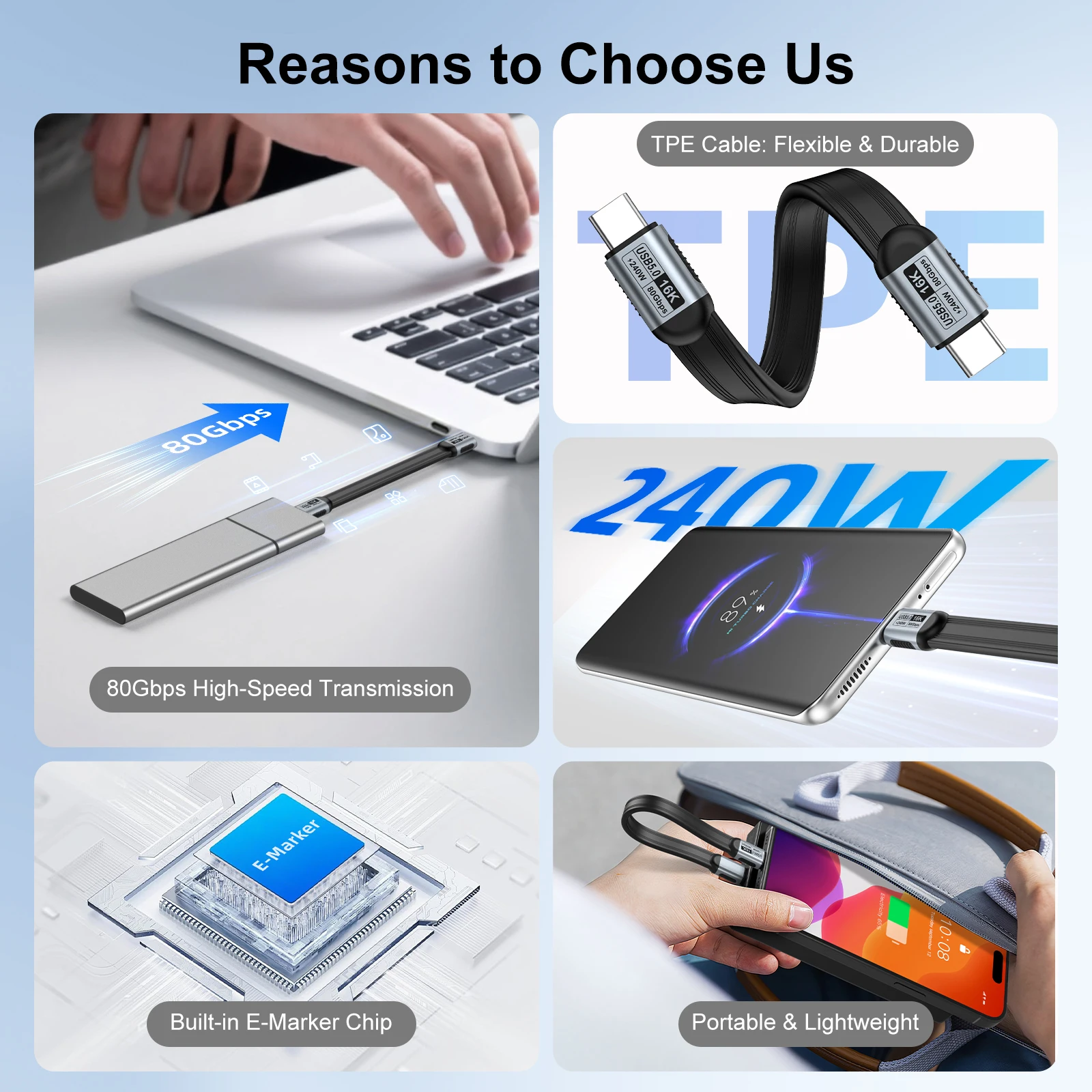 PD240W USB 5.0 Type C to Type C Cable 80Gbps ThunderBolt 5 USB-C Data Cord 16K@60Hz USB C Cable for iPhone 17 Pro Max MacBook
