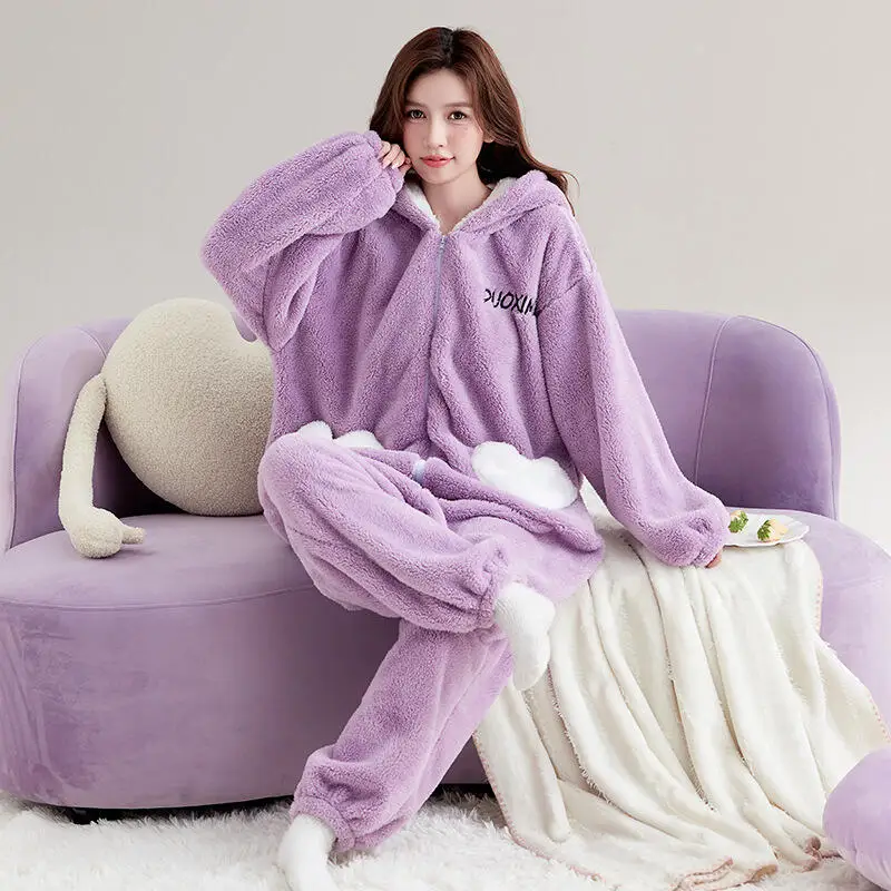 

Kawaii Coral Fleece Girl Conjoined Pajamas Winter Women Pajama Set Sweet Nightwear Student Sleepwear Keep Warm Cartoon Homewear