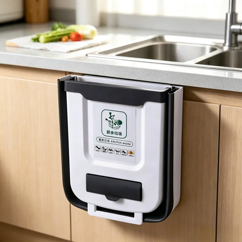Wall‑Mounted Collapsible 10L Slim Waterproof Trash Can, Hanging Waste Bin for Kitchen Bathroom Cabinet Storage