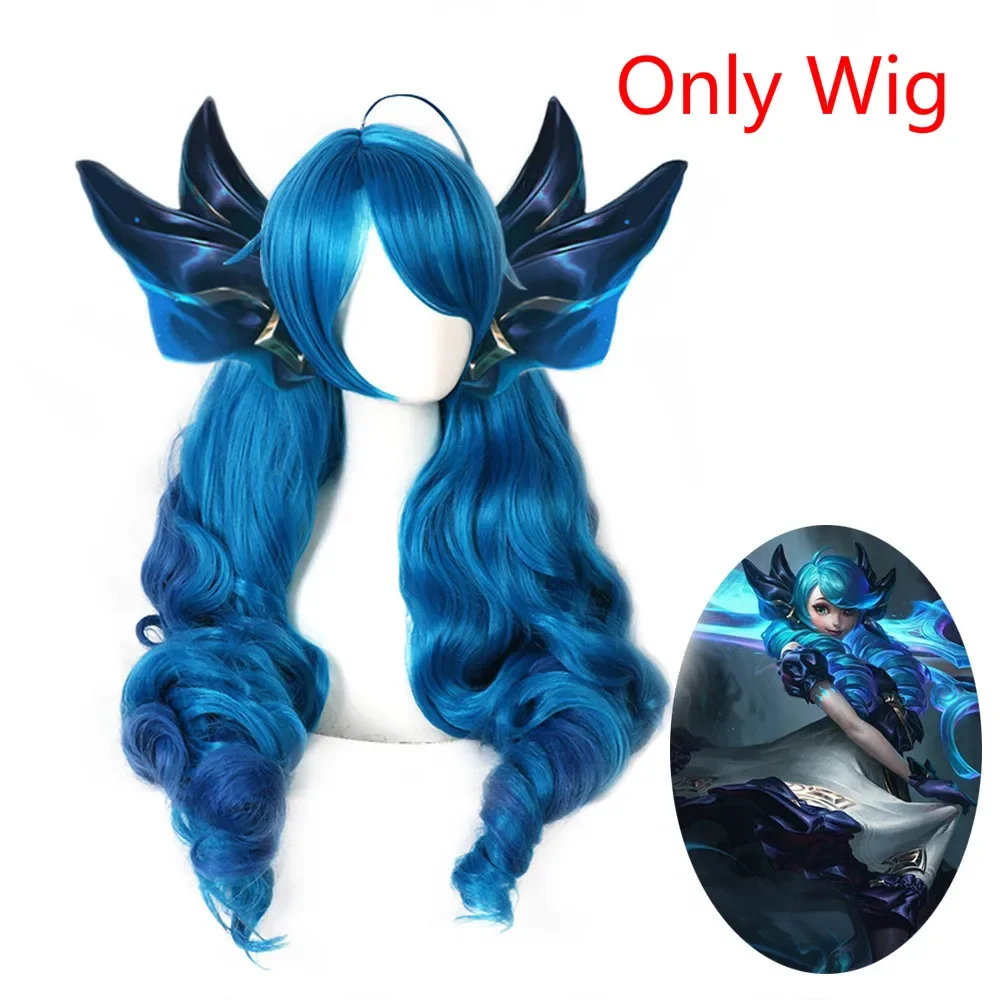 

Game LOL Gwen Cosplay Wig Gradient Blue Wavy Side Part Wig With Bangs Ponytails Synthetic Hair For Halloween Cos Props