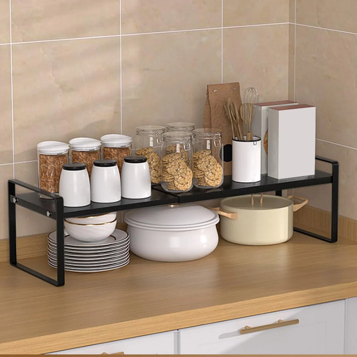 

Extendable Storage Shelf, Black, Kitchen Storage Rack, Bathroom, Closet, Countertop, Anti-Slip, Moisture-Proof, Anti-Rust