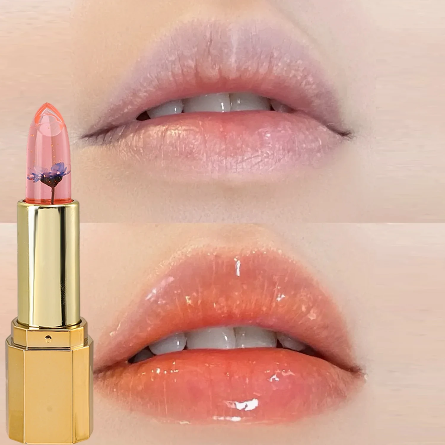 Color Change Lipstick Crystal Petals Shining Jelly Moisturizing Lipstick Lasting Waterproof Flower Gold Foil Lip Gloss Lipstick