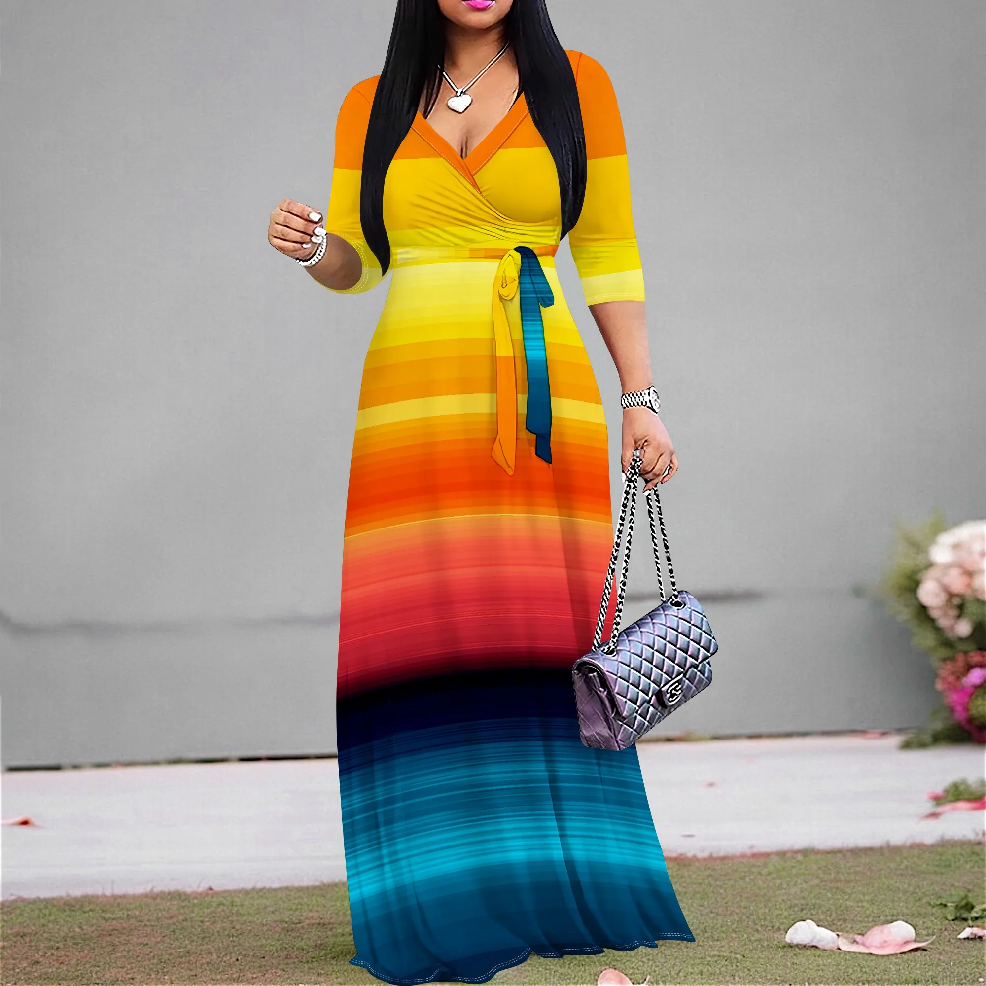 

Gradient Striped Women's Maxi Dress 2025 New Arrival, V-Neck Tie Waist Summer Dress XS-3XL