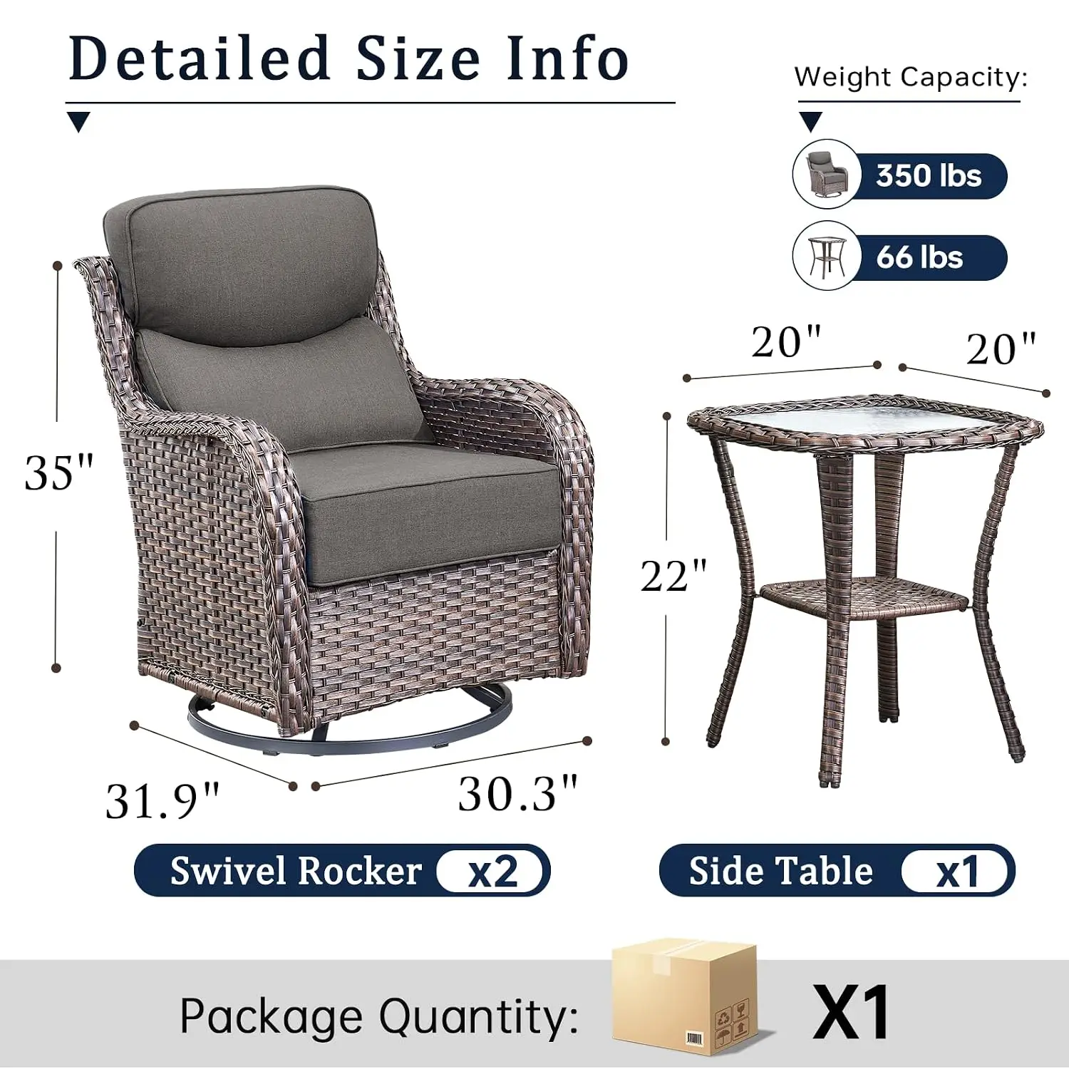 High Back Swivel Rocker Chair Set with Table & 6-Inch Cushions, 3-Piece Outdoor Furniture for Porch Balcony Yard, Customized