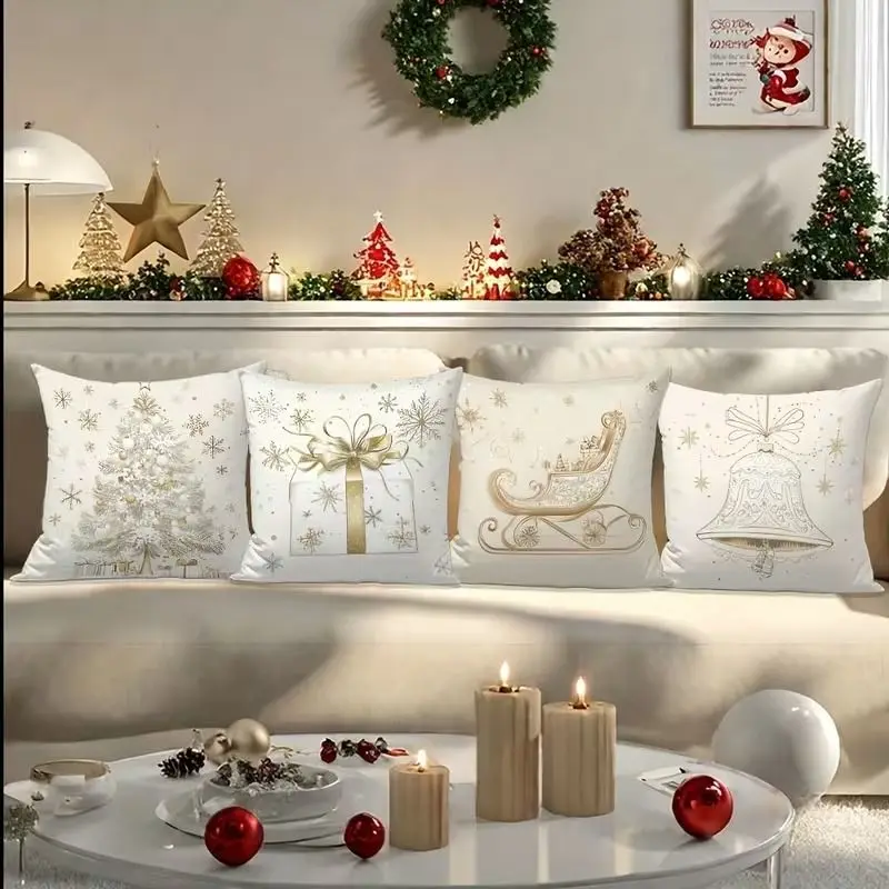 VIKAMA 4Pcs 3D Embossed Look Christmas Pillow Covers Santa Reindeer Snowman Xmas Tree Print Cushion Cases Sofa Decor No Insert