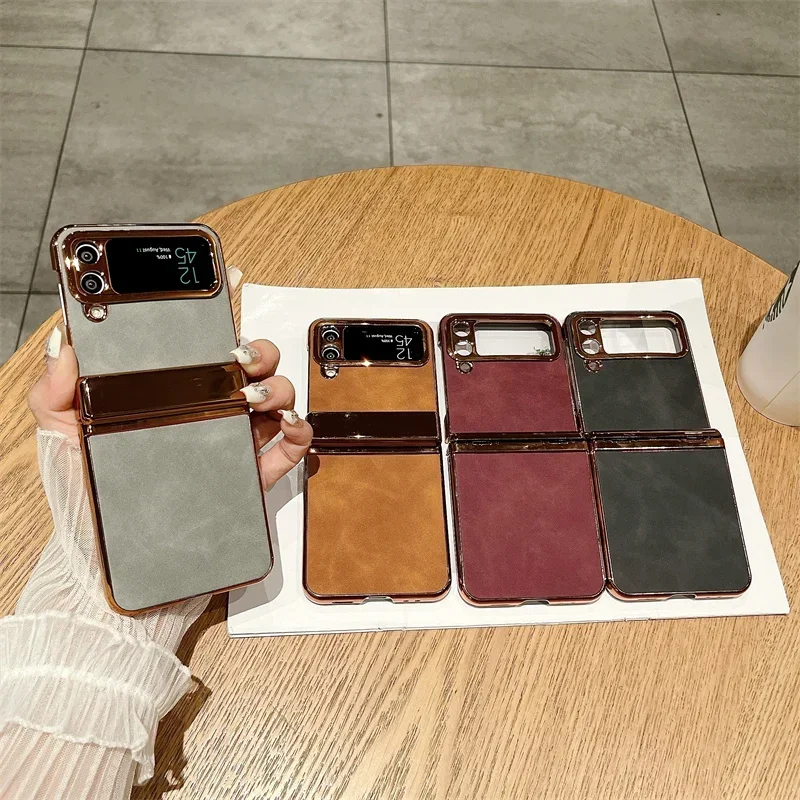 Pu Leather Trim Phone Case For Samsung Galaxy Z Flip 6 5 4 3 5G Hinge Electroplated Plastic Back Cover K02