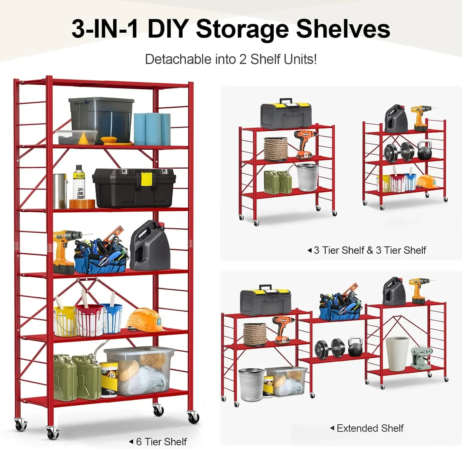 رف تخزين قابل للطي مكون من 6 أرفف، أرفف معدنية قابلة للتعديل بعجلات، قابلة للتغيير إلى وحدتين