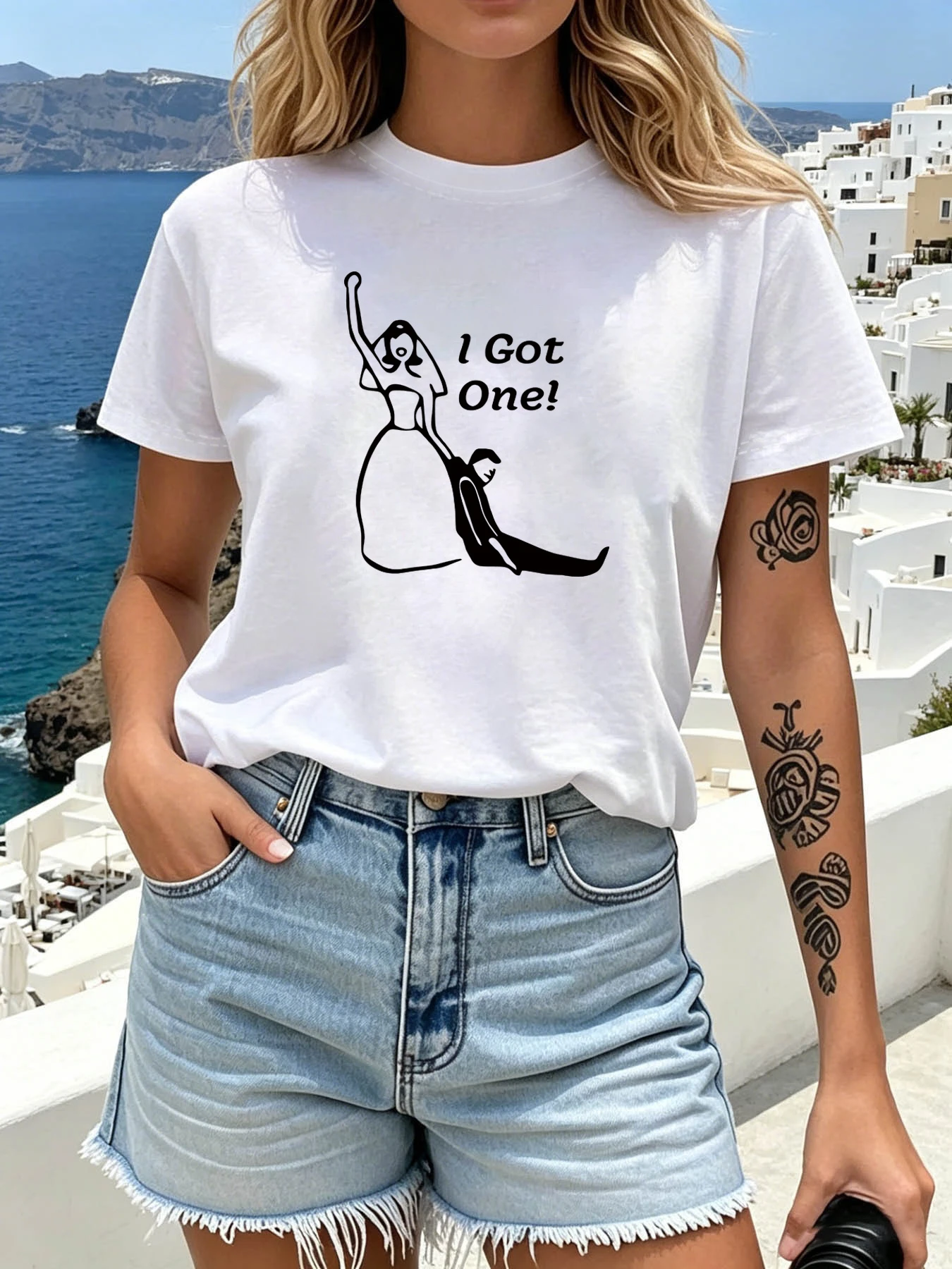 Successfully caught a partner I Got One funny bride minimalist line pattern printed women's round neck four season T-shirt