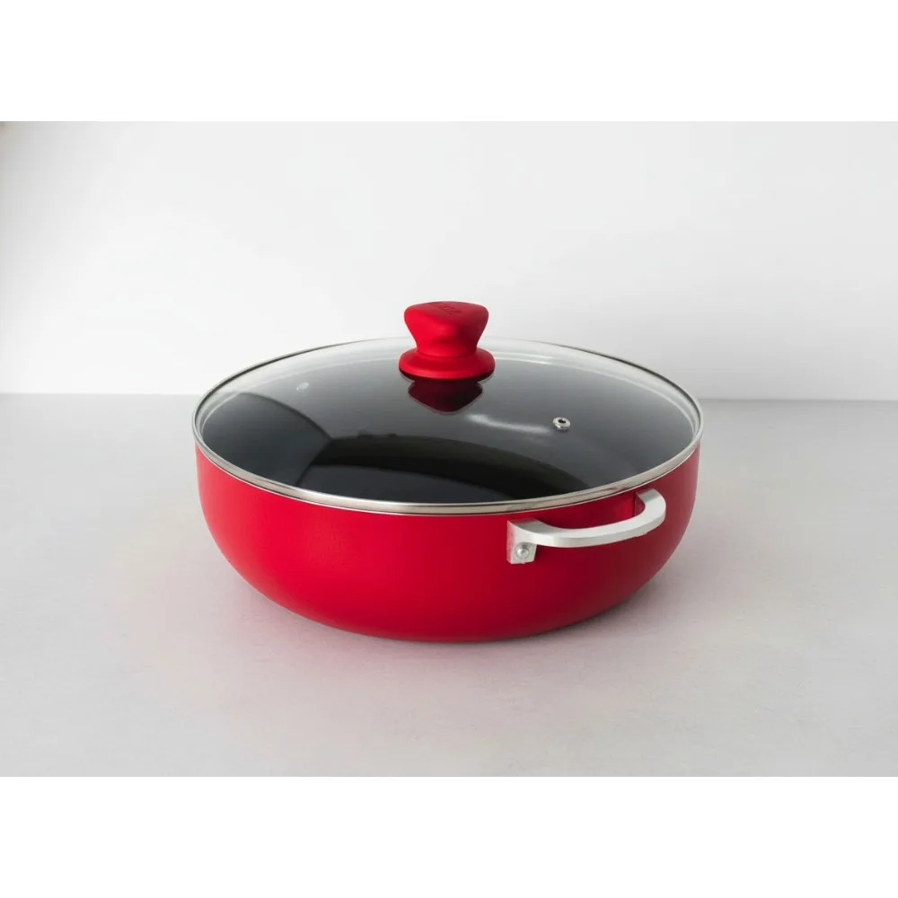 

Large 6.9 Qt Red Aluminum Dutch Oven with Ceramic Nonstick & Glass Lid - Perfect for Family Cooking, Stews & Hispanic Recipes