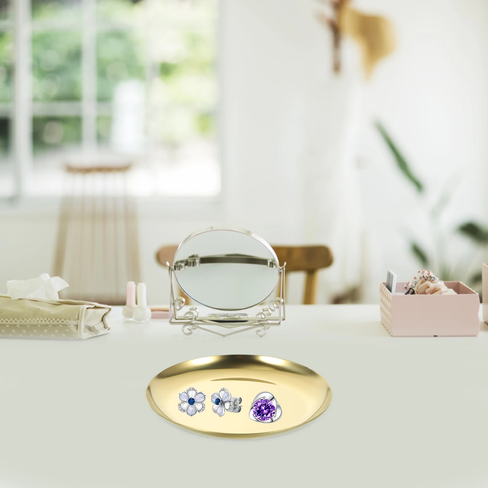 

Metal Round Jewelry Tray Silver 430 Stainless Steel Ring Earring Holder Plate Nordic Style Decorative Dish Key Bowl Ornaments