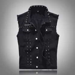 2026 Spring Fashion Men Rivet Denim Vest Punk Party Studded Slim Fit Jean Jacket Male Sleeveless Waistcoat for Men Plus Size 6XL