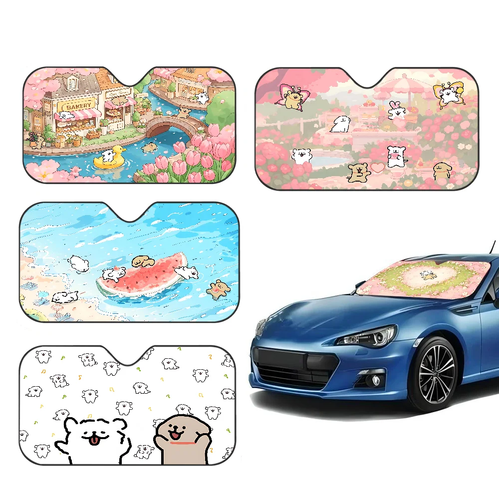 

Kawaii Line Dog Sunshade Windscreen 3D Film Plaid Gift Novelty Car Front Window Visor 70x130cm Sun Visor Solar Protect