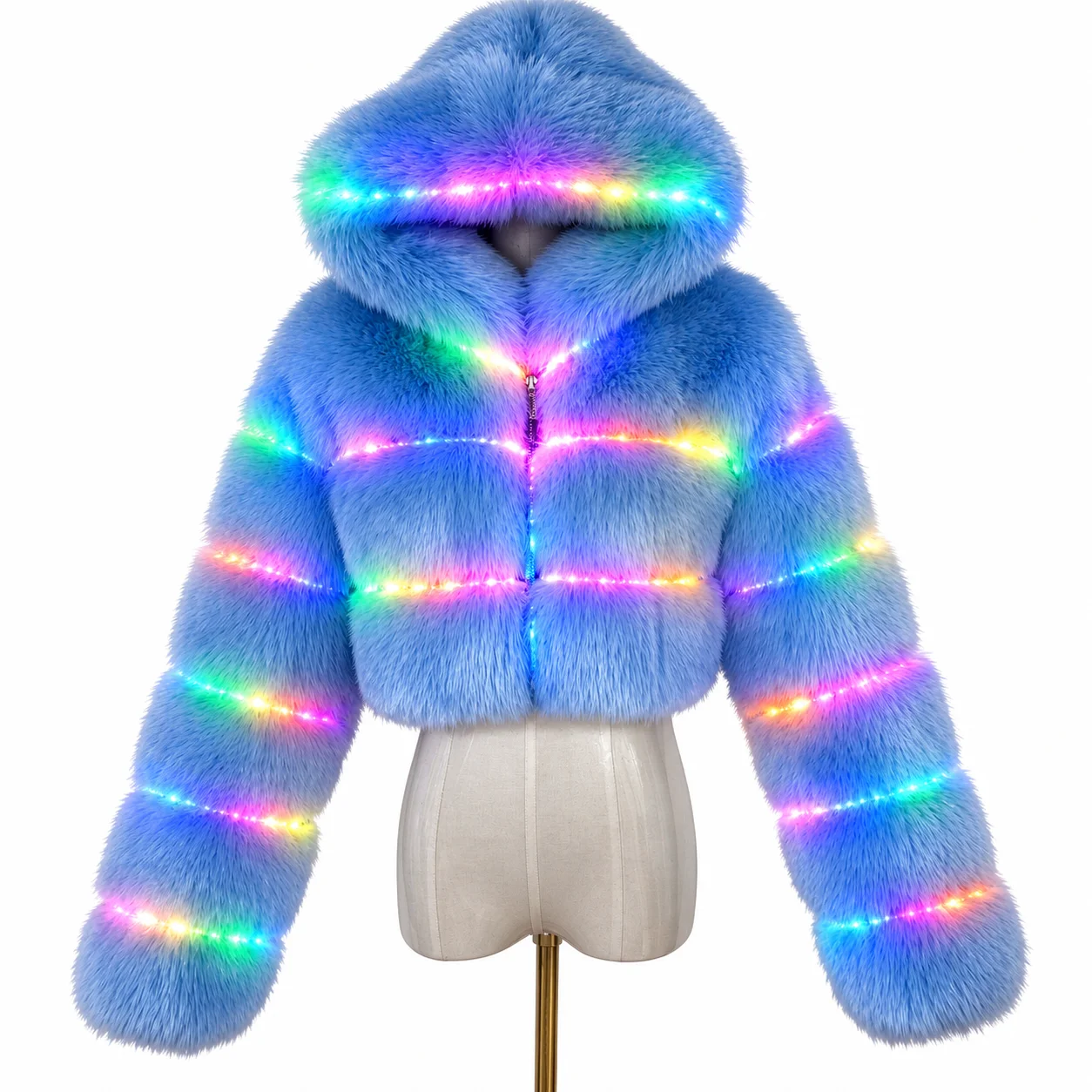 Multiple Colors LED Lights Sparkling Sequin High-waisted garment Hooded Cape with Pink Fur Performance Wear for Rave/Stage