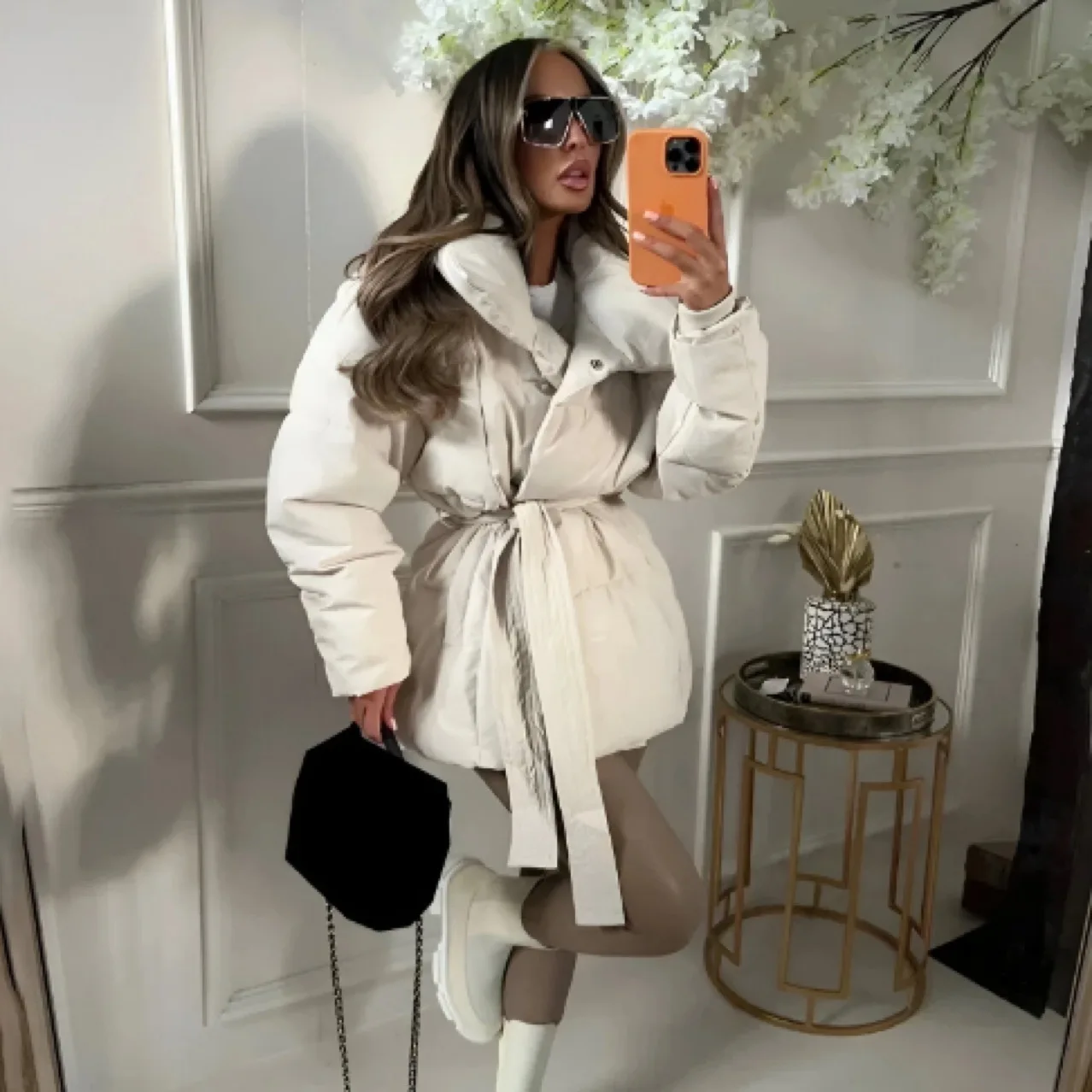 Women's Brown Oversized Puffer Jacket Wide Collar Belted Waist Warm Winter Coat Stylish Casual Outerwear For Cold Weather
