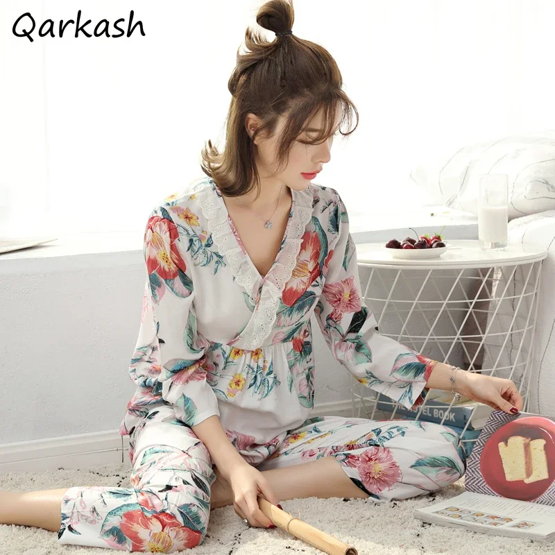 

Pajama Sets Women Spring Print V-neck Female Elegant Various Styles Stylish Home Breathable Tender Nightwear All-match Leisure