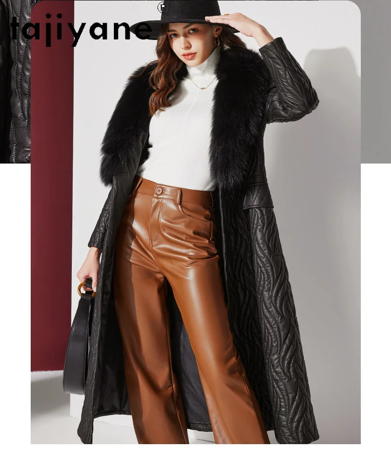 Tajiyane Brand Real Leather Jacket Women 2023 Winter Genuine Sheepskin Cotton Coat Luxury Fox Fur Collar Waisted Long Jackets