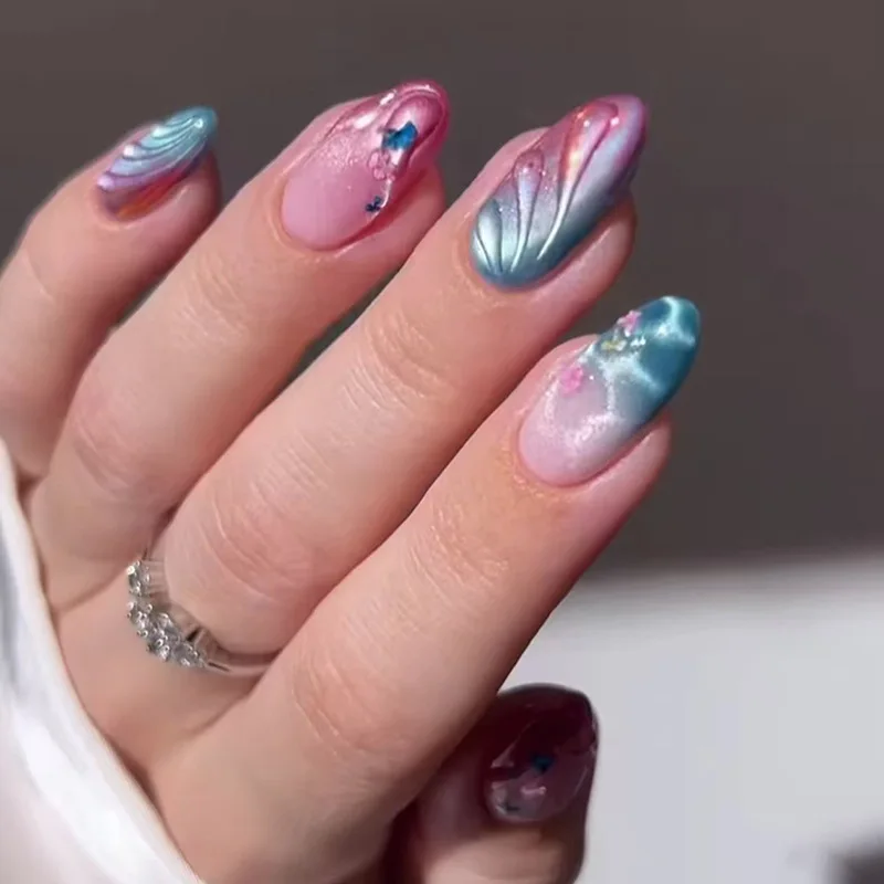 

24pcs Gradient Blue False Nails Ocean Rippled Design Round Almond Fake Nail Tips Fashion Flower Cat's Eye Press on Nails Sets