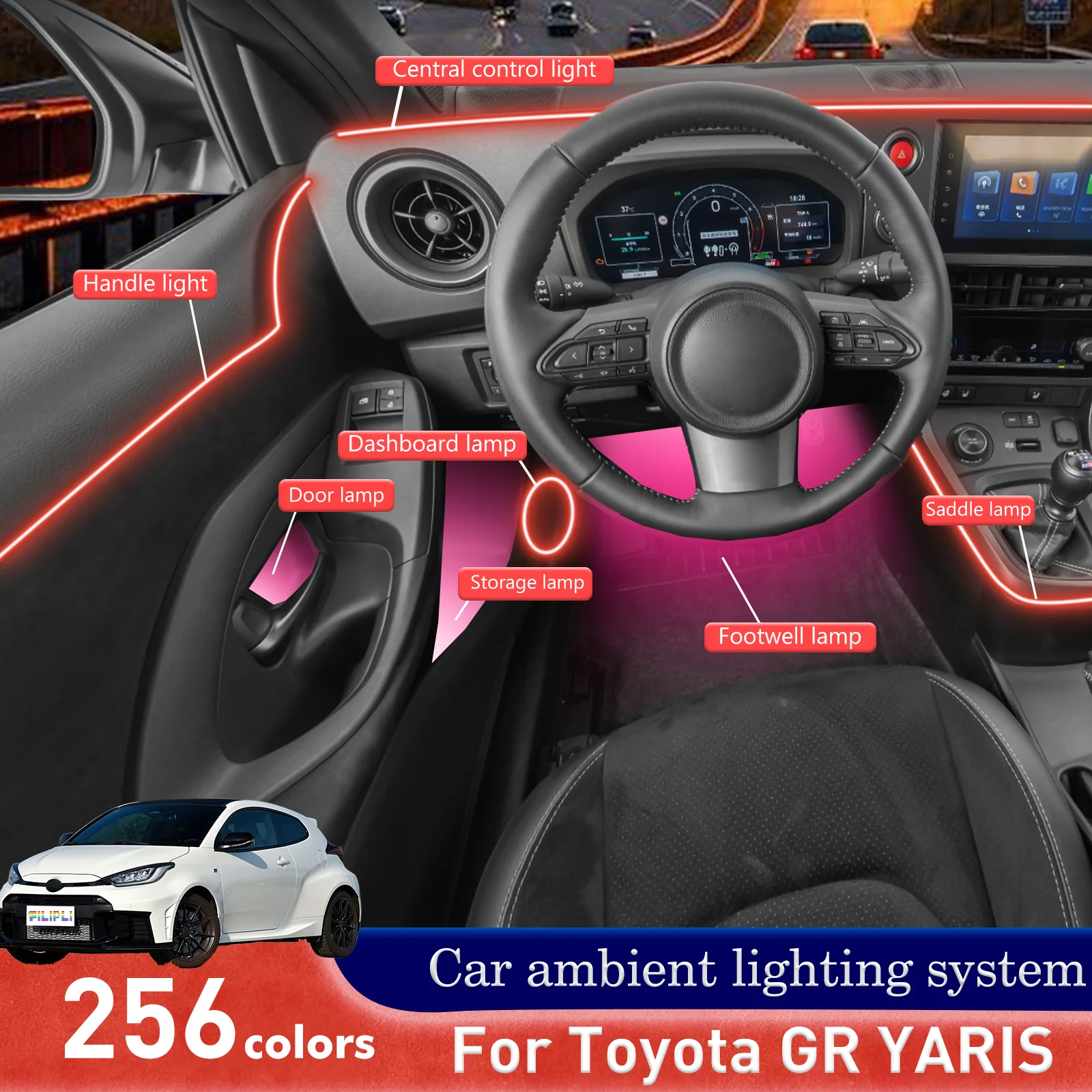 

For Toyota GR YARIS Car Interior Mood Ambient Light RGB 64-Color LED Smart Remote Control Atmosphere Lamp Energy Saving Kit