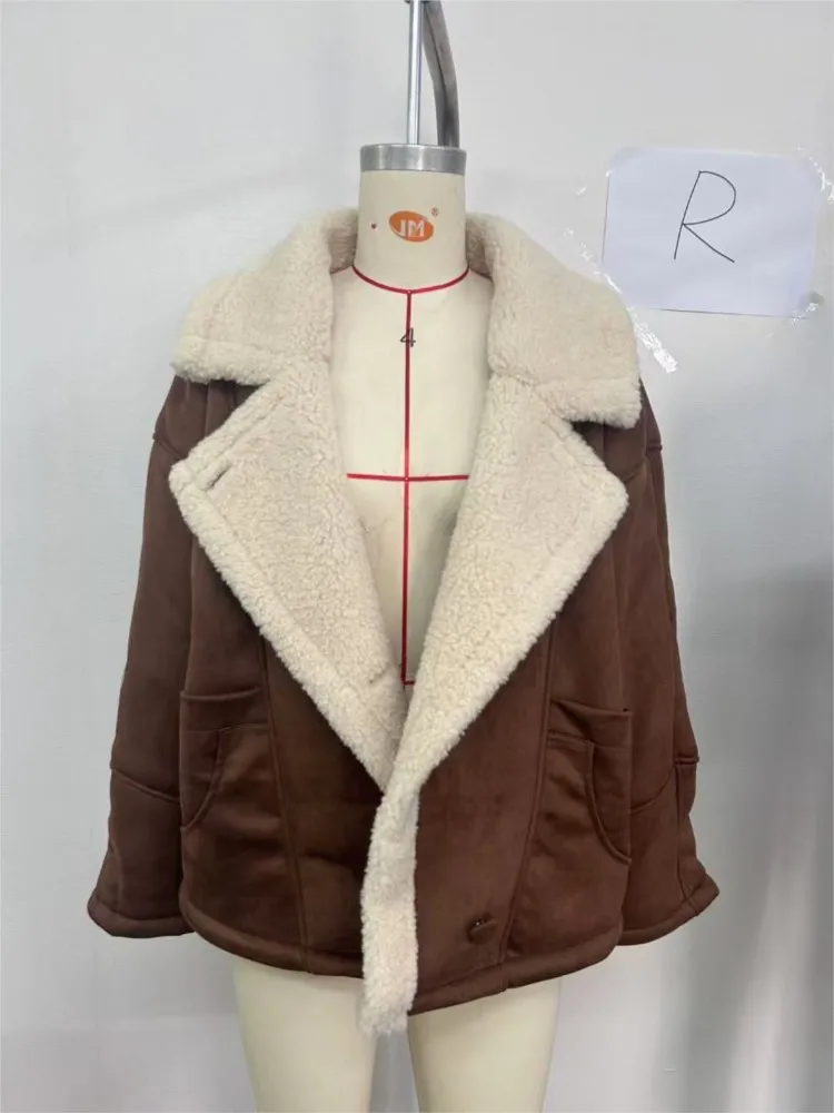 Casaco de emenda de lã de cordeiro de pele sintética feminino outono inverno 2025 nova lapela bolsos com zíper jaqueta de moda casacos casuais outerwear