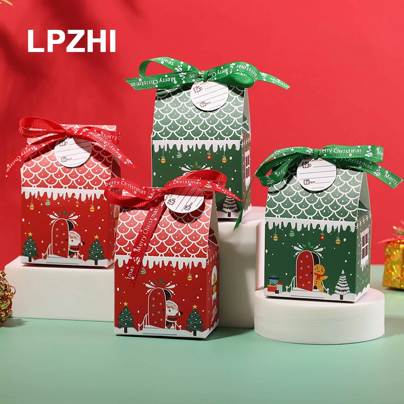 

LPZHI 50Pcs Red/Green Christmas Paper Boxes With Ribbon New Year Party Gift Decoration Favors For Candy Cookies Packaging