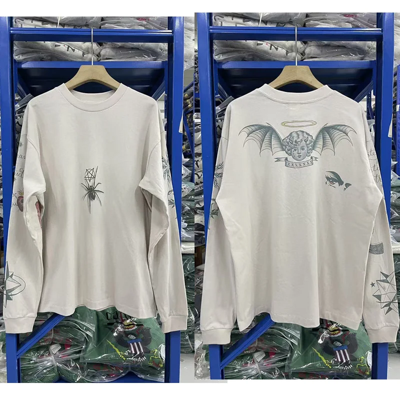 

Cartoon Graphics Graffiti Print Cement White Base T-Shirt Tee Men Women Top Quality Cotton Oversized Saint Long Sleeved T Shirt