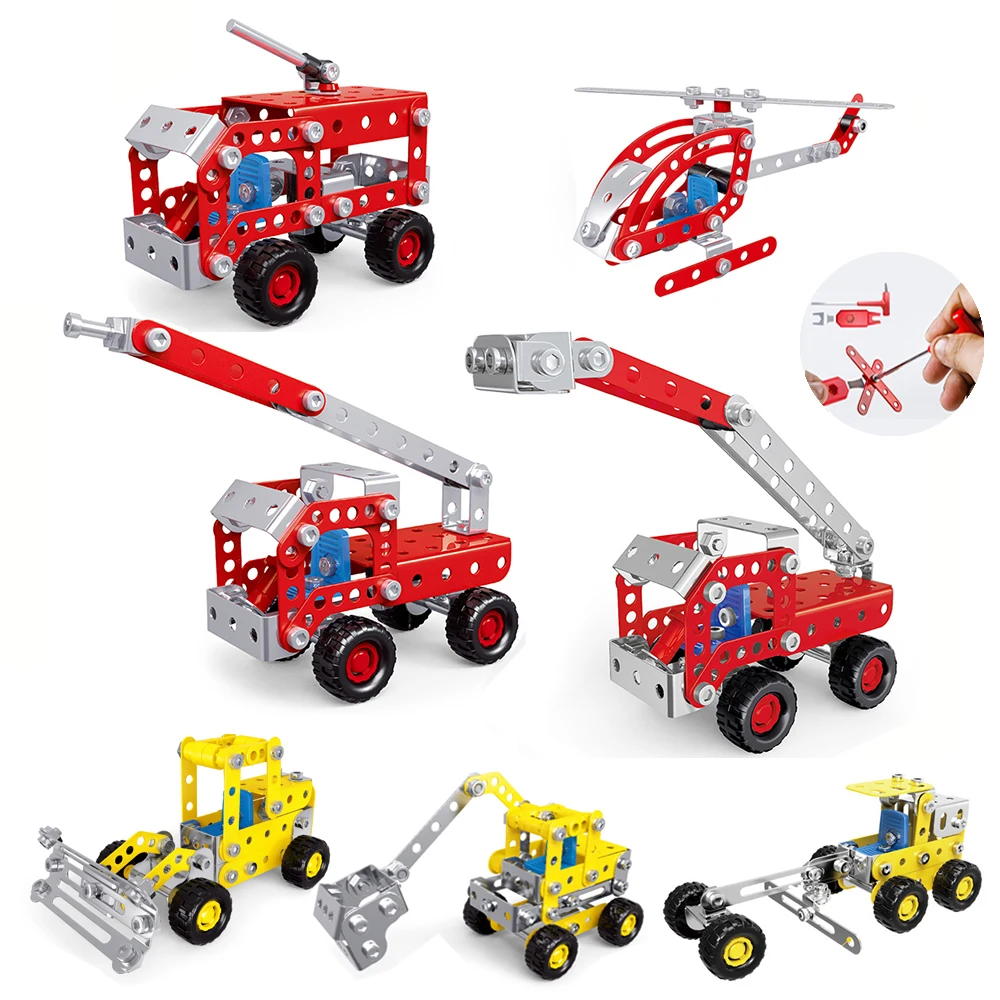 Metal Assembly Building Block Fire Truck Model Crane Excavator Bulldozer Engineering Vehicle Set DIY Screw Nut Alloy Toy for Boy