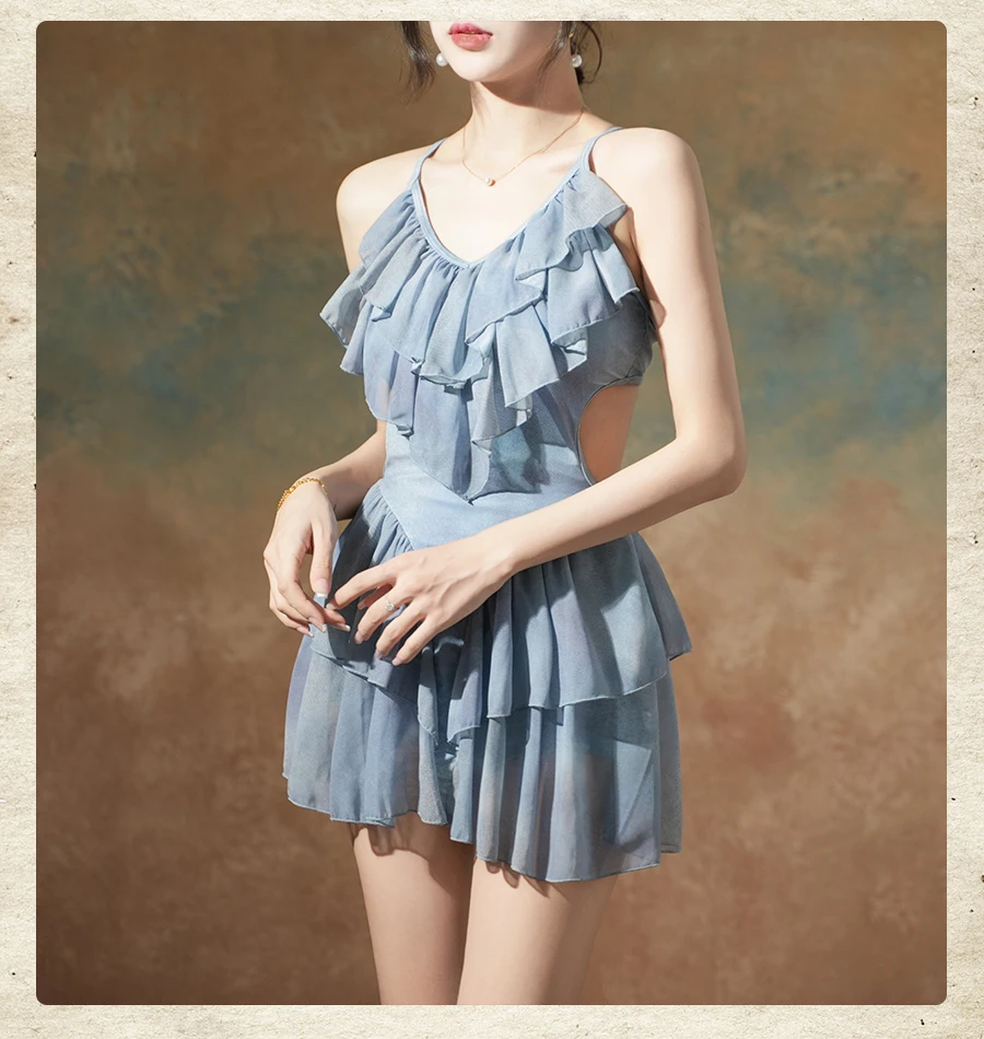 Conservative Sexy Backless 2025 New Ruffle Fairy Swimsuit Female Summer Elegant Sweet Lace-up V-neck Backless Party Swimwear
