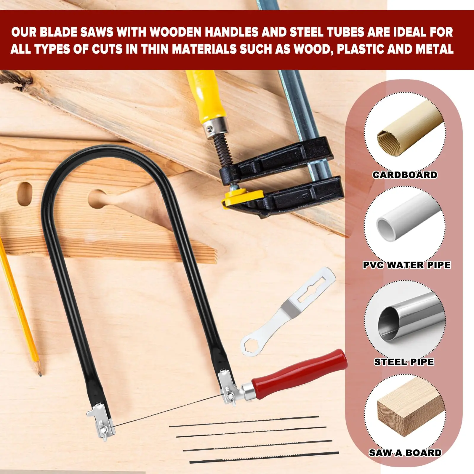 Soporte en U de 260mm para sierra manual, marco de copia manual con 8 hojas de sierra de repuesto para trabajo de madera, herramienta de corte DIY, 1 Uds. ﻿