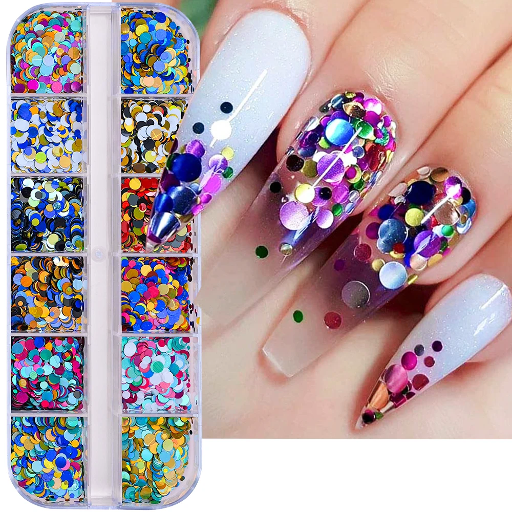 12Grids/Box Mixed Confetti Round Dot Paillette Nail Charms Butterfly & Round Shapes Y2K Flake Sequins Multicolor Nail Decoration