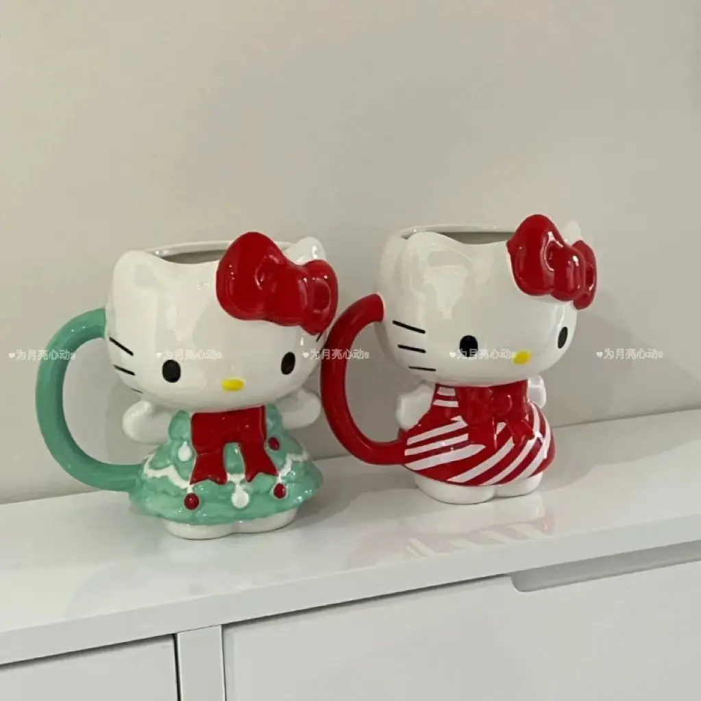 HelloKitty character peripheral Christmas red and green color Kitty ceramic mug holiday home decoration kawaii children's gift