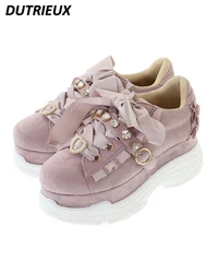 Japanese Sweet Lolita Heart Shape Rhinestone Bowknot Platform Sneaker Spring and Autumn Sweet Pink Casual Shoes Women's Shoes