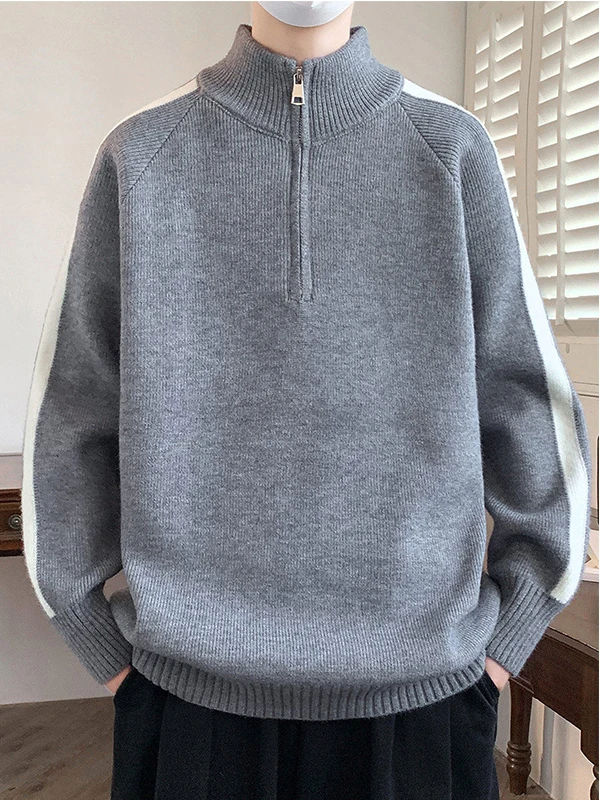 Thickened Half Zipper Knitted Sweater for Teens Autumn Winter New Style Middle School Students Stand Collar Base Shirt Men's ...
