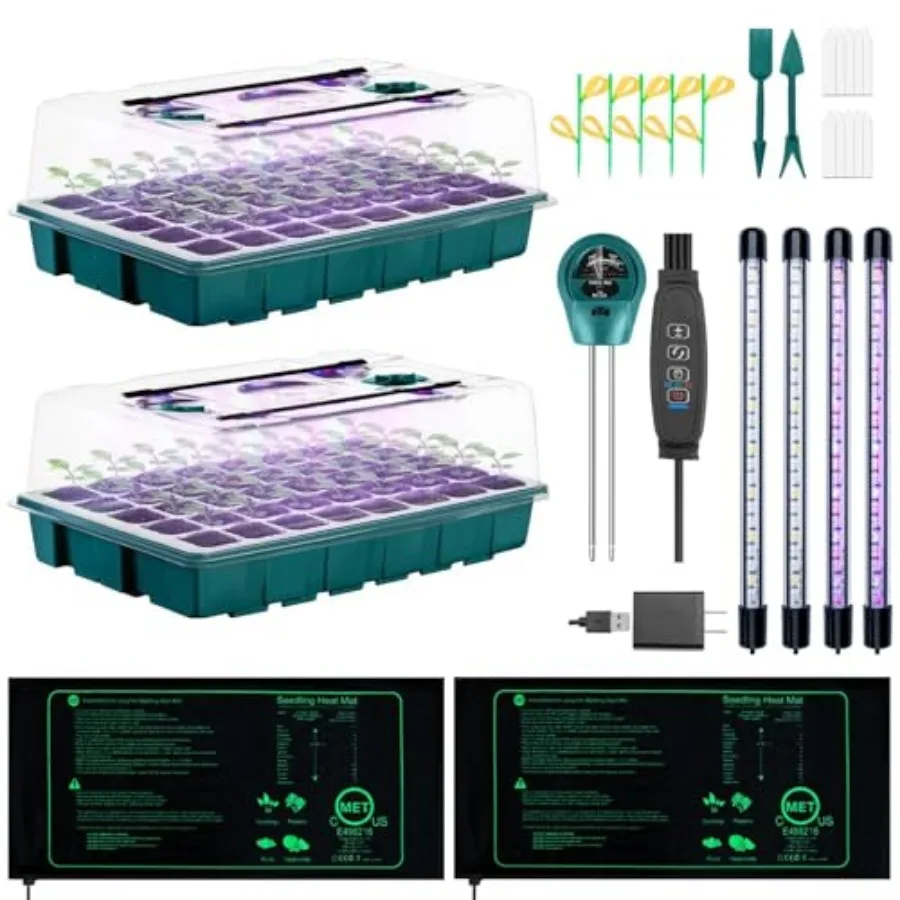 Seed Starter Tray with Grow Lights and Heat Mat, 3-in-1 Soil Meter, 80-Cell Seed Growing Tray, Germination and Plant Propagatio