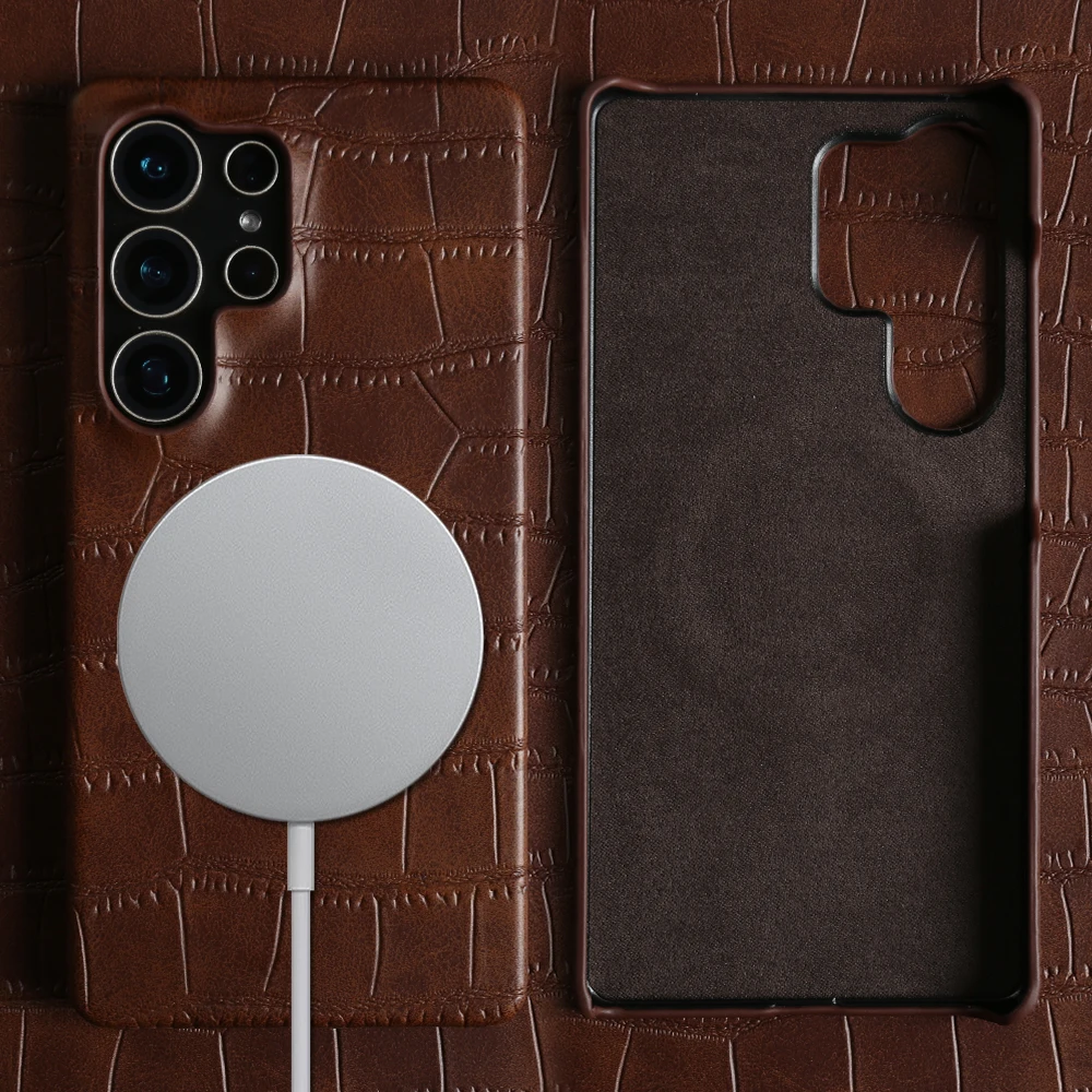 

For Magsafe Case for Samsung Galaxy A57 A37 A55 A35 S23 S22 S21 Plus S20 S24 FE S25 S26 Ultra Crocodile Leather Phone Back Cover
