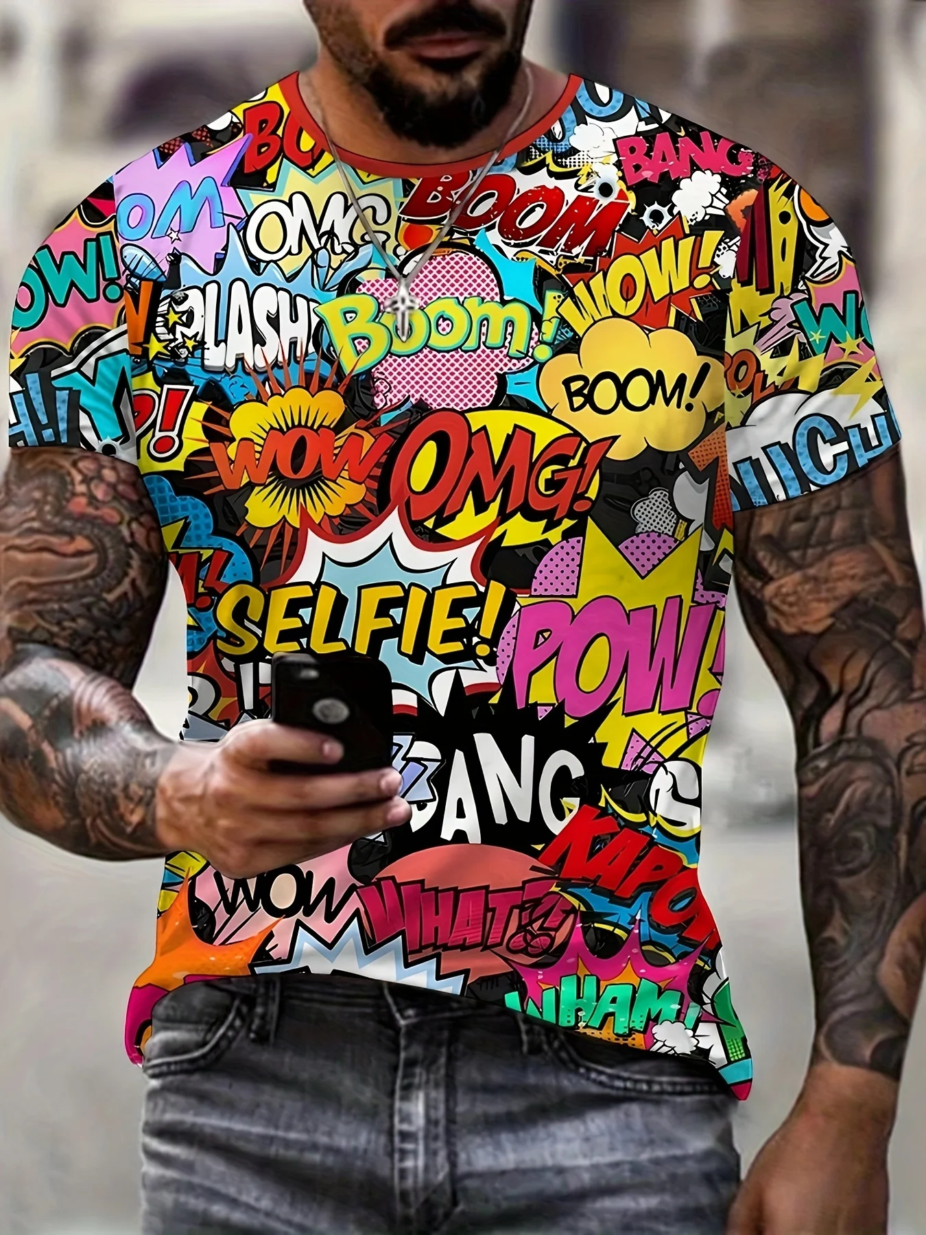 Men Comic Book Pop Art T-Shirt, Colorful Boom Wow OMG Speech Bubble Print Short Sleeve Crew Neck Graphic Tee