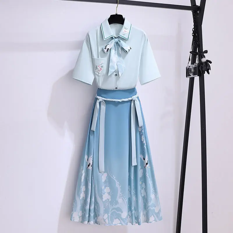 Chemise à Manches Courtes pour Femme, Jupe Plissée, Imprimée Noire, Style Chinois, Moderne, Originale, Améliorée, Hanfu, Printemps Automne, Personnalité Trempée