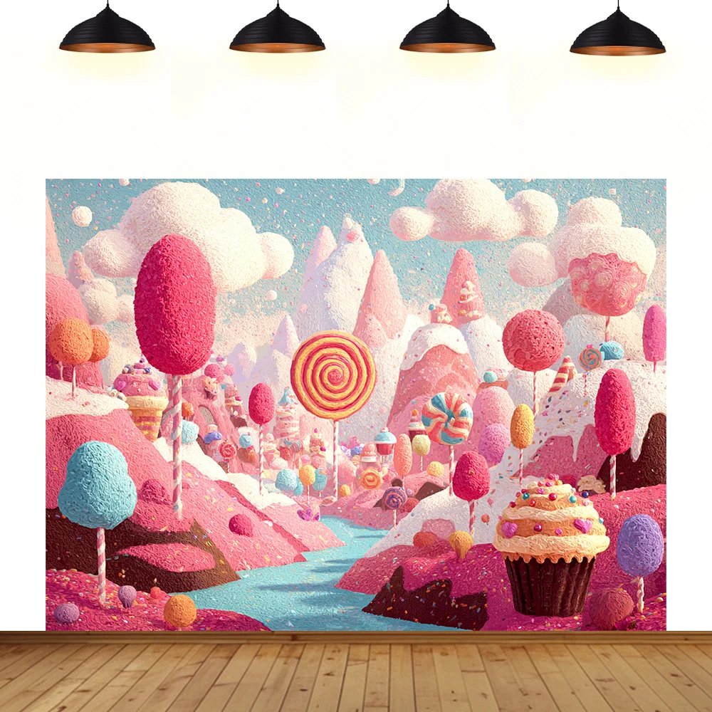 

Candy House birthday party background children room decoration festival pink candy a deep forest abstract gift backdrop